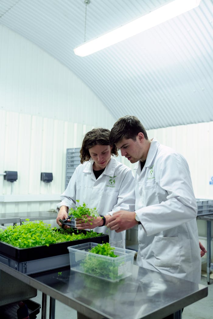 client-satisfaction-img Two scientists working with plants in a controlled indoor farming laboratory setting.