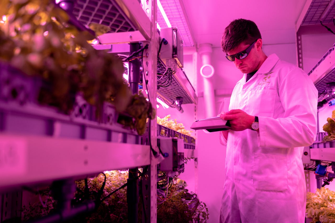 awards-img Scientist in lab coat examining plants in a high-tech indoor farming setup with ultraviolet lighting.